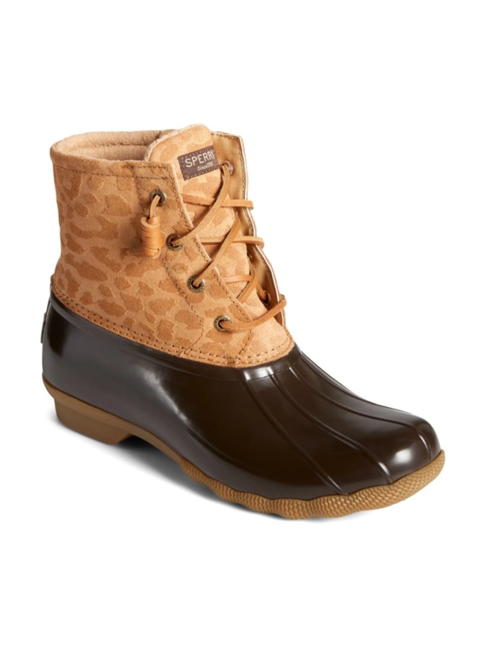 Women’s Sperry Saltwater Cheetah Duck Boot Size 9.5, genuine leather, waterproof